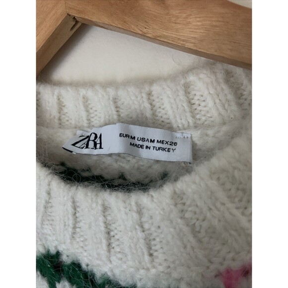 Zara Sweater Womens M Pink Striped Green Open Knit Short Sleeve Soft Cozy - Picture 2 of 7